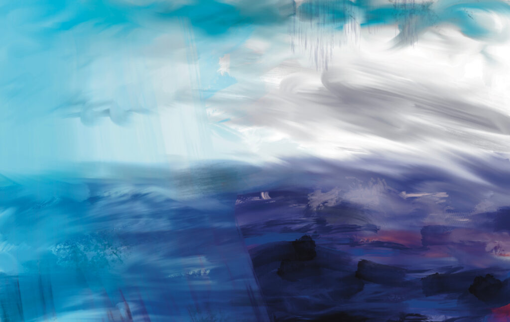 abstract cloudscape over the sea, transparent layers, rain, cloud