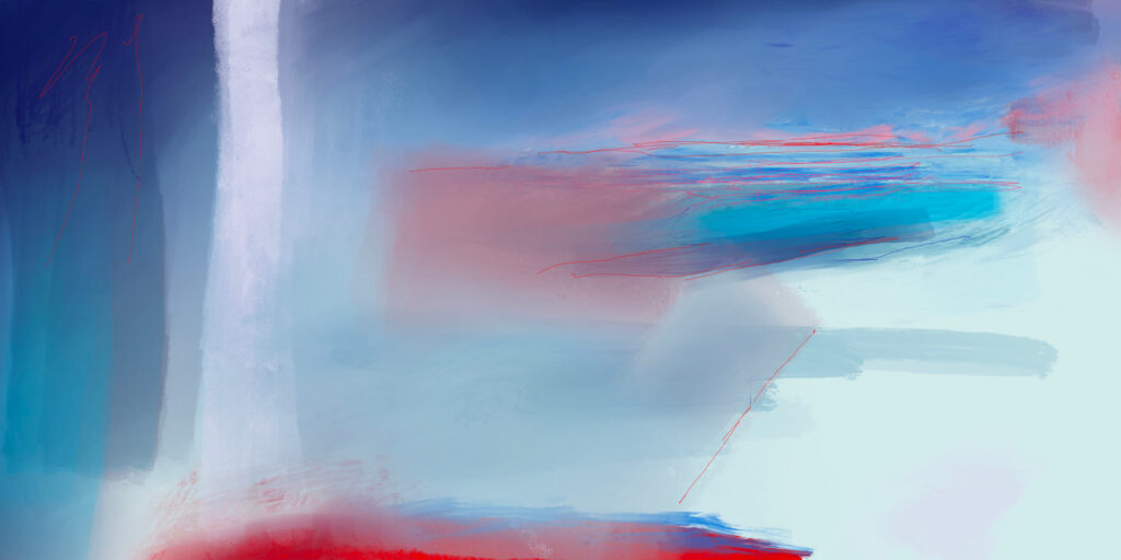 abstract blue and white forms, horizontal shapes, red and blue
