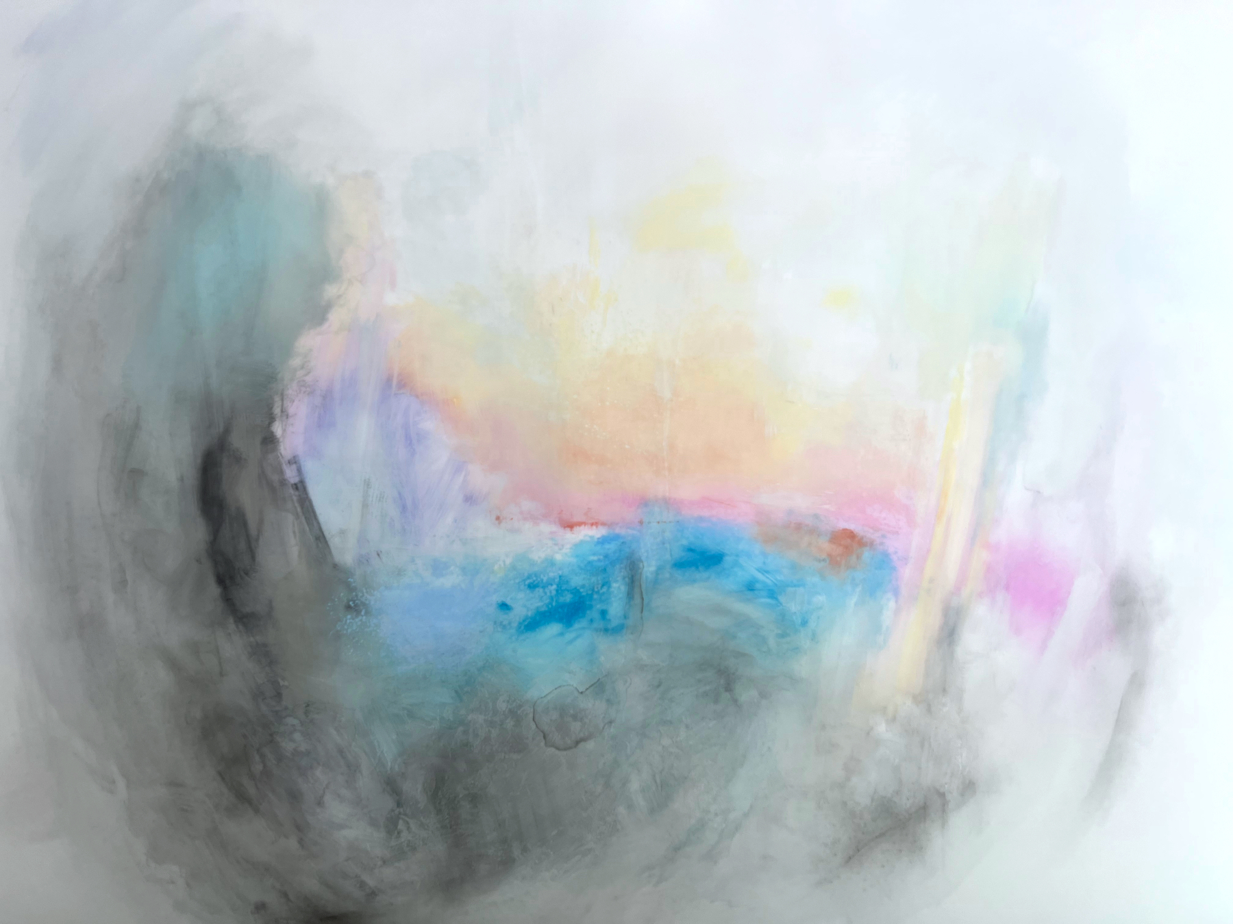 soft gray, pink and yellow sunrise over abstract land/seascape in cereulean blue