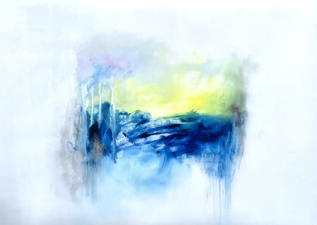 turneresque seascape, yellow and blue, drips and graphite forms