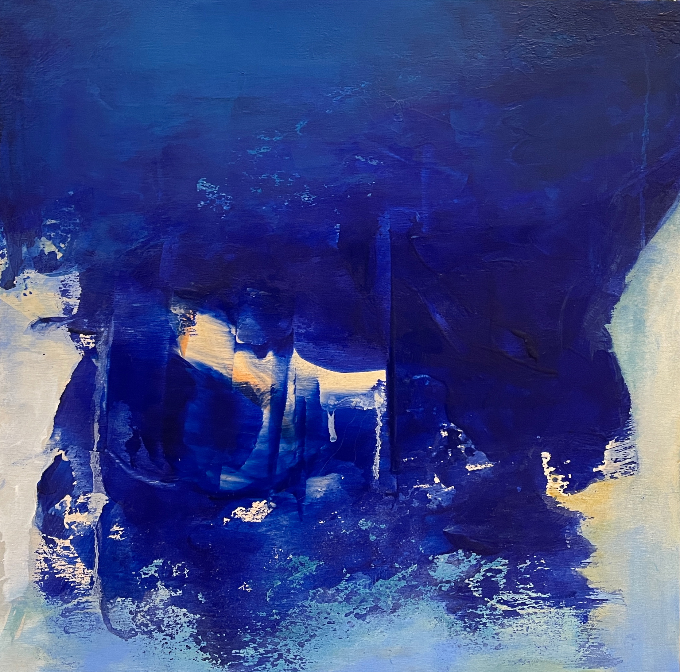 cobalt and ultramarine bue, some pale blue in bottom, abstract forms