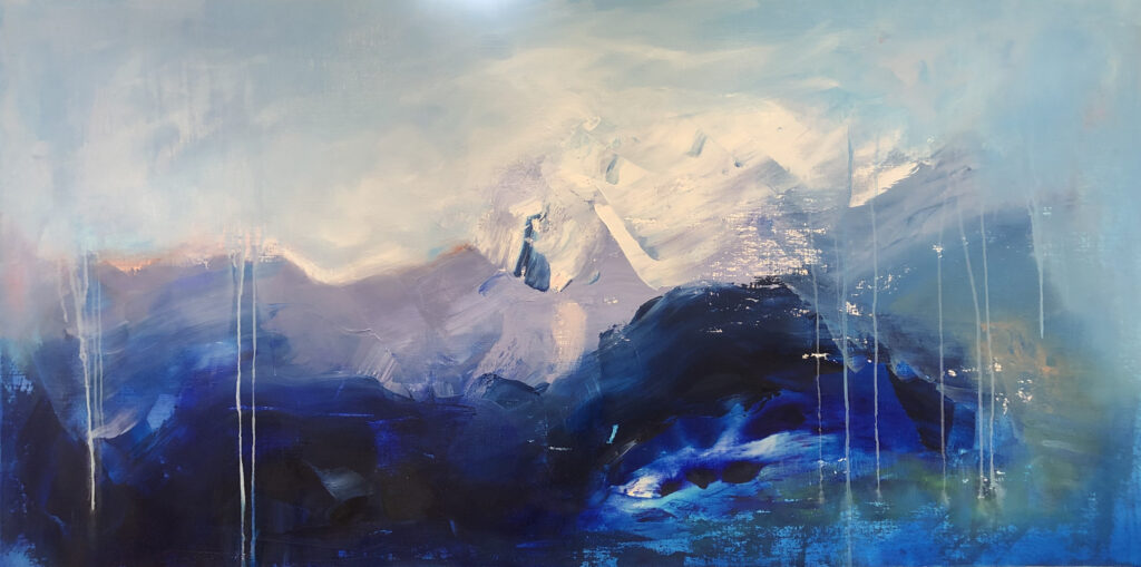 mountain forms, ultramarine blue, mauve, white, vertical drips