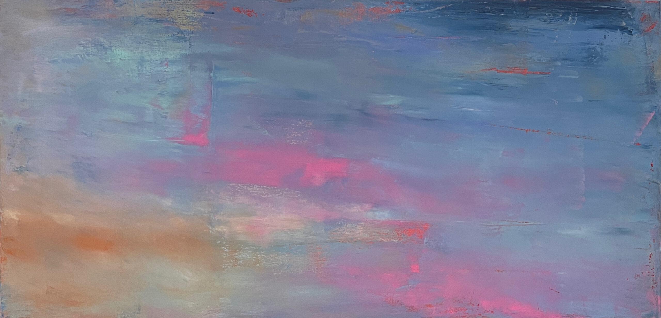 blue water, pink and ochre reflections